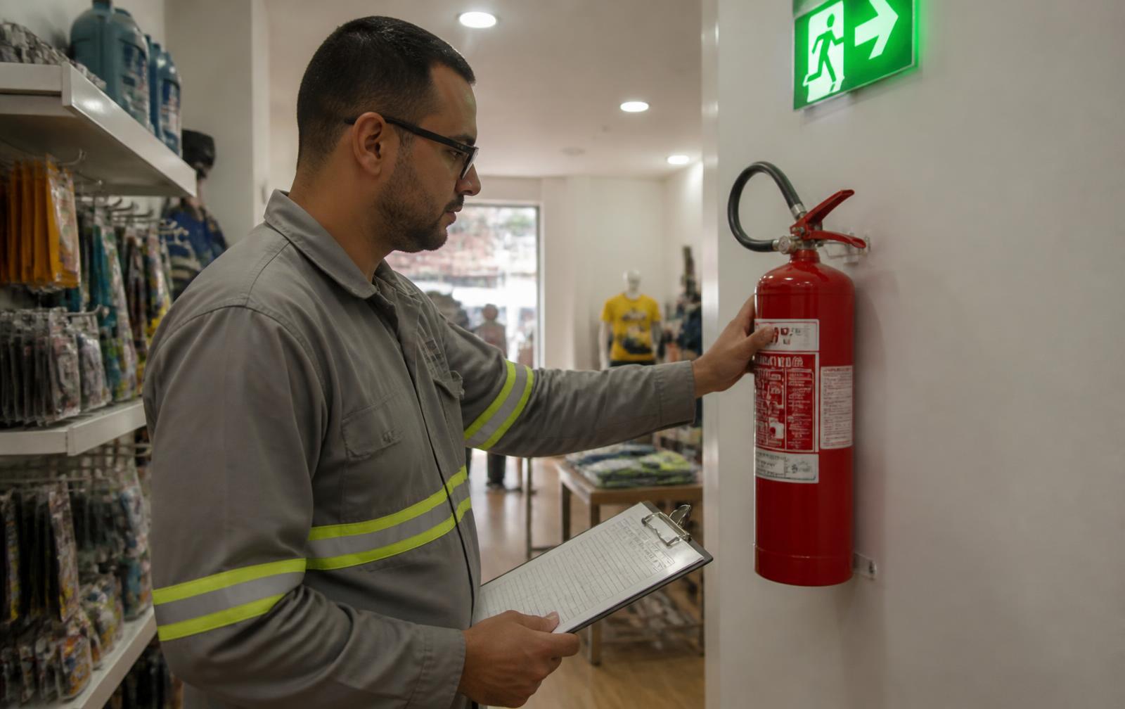 Técnico inspecionando extintor de incêndio e saída de emergência em loja