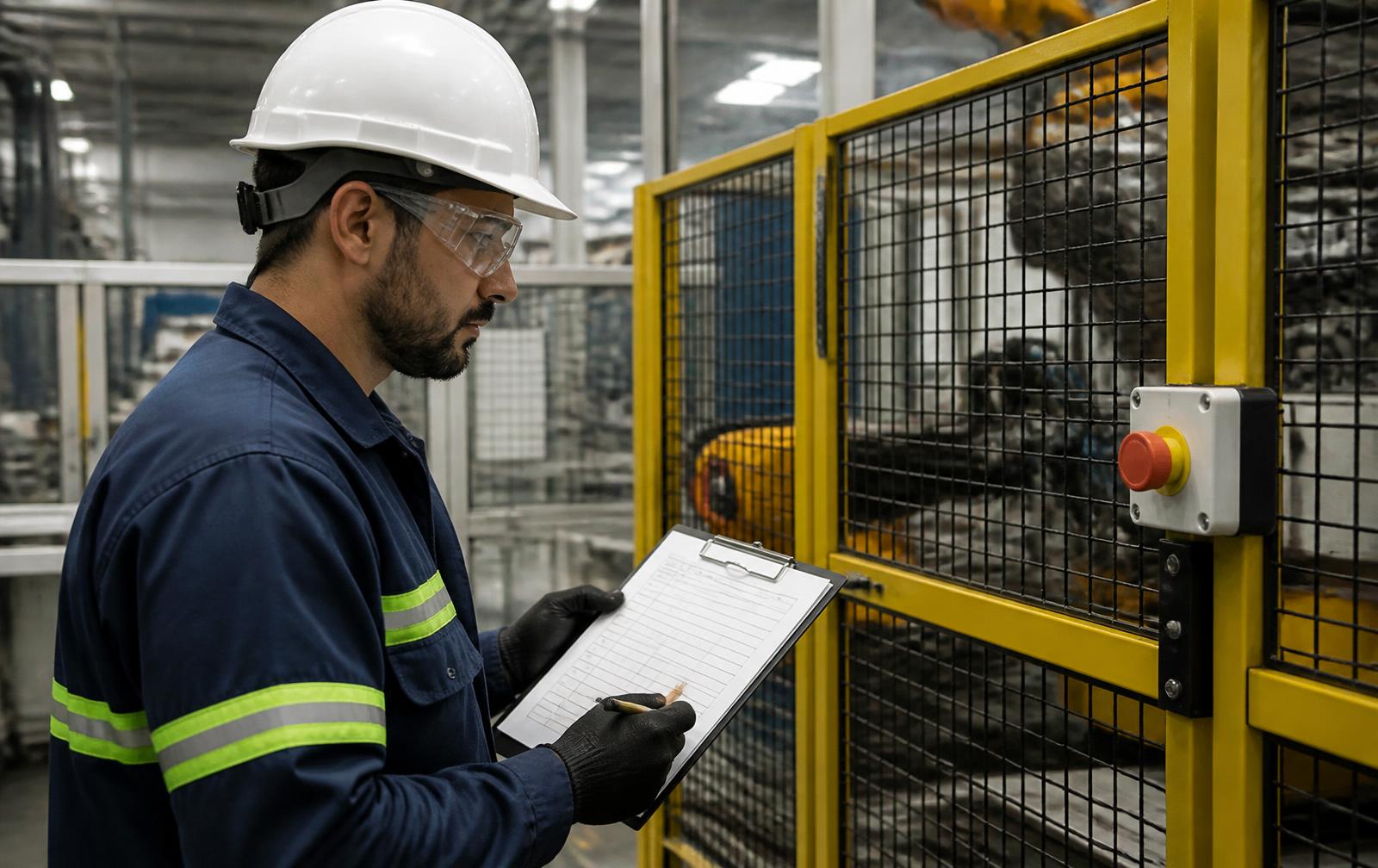 Engenheiro de segurança inspecionando proteção de máquina industrial